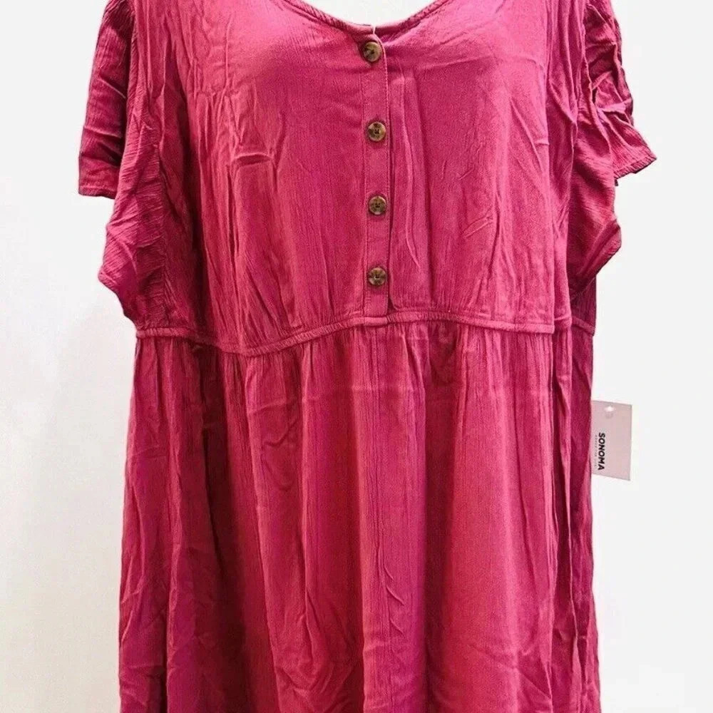 NWT SONOMA Women Short Sleeve Pullover Pink Elastic Waist V-Neck Dress Size 3X - Picture 2 of 12